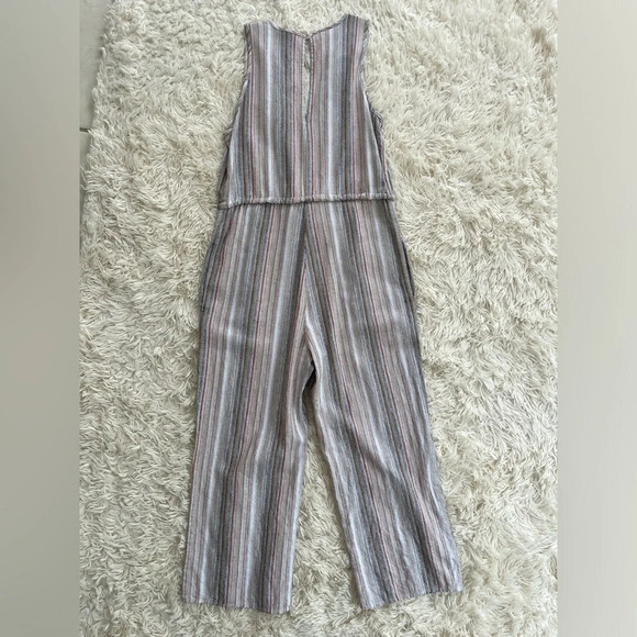 DREW Striped Linen Blend Jumpsuit Brown Tan Sleeveless Drawstring pockets SZ S - Picture 6 of 9